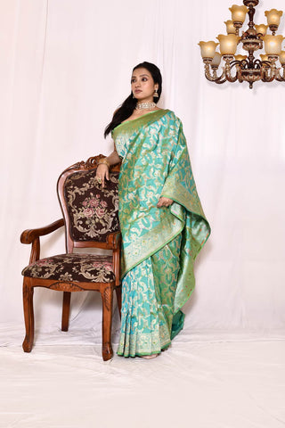 Mint Green Pure Katan Banarasi Handloom Silk Saree