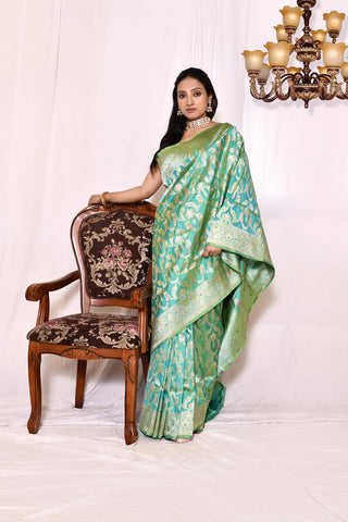 Mint Green Pure Katan Banarasi Handloom Silk Saree