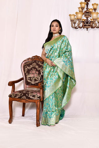 Mint Green Pure Katan Banarasi Handloom Silk Saree