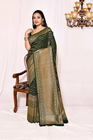 Forest Green Pure Khaddi Georgette Banarasi Handloom Silk Saree