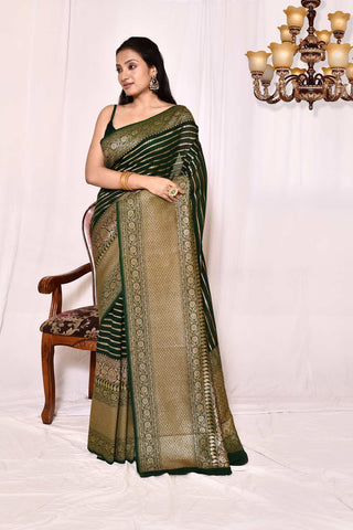 Forest Green Pure Khaddi Georgette Banarasi Handloom Silk Saree