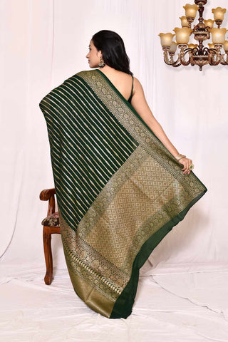 Forest Green Pure Khaddi Georgette Banarasi Handloom Silk Saree