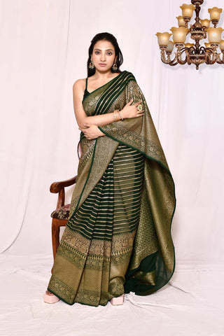 Forest Green Pure Khaddi Georgette Banarasi Handloom Silk Saree