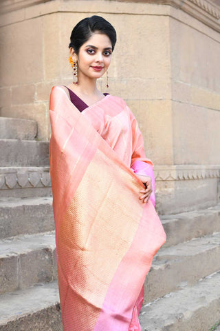 Peach and Pink Ombre Pure Katan Silk Banarasi Handloom Saree