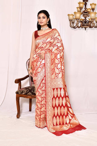 Scarlet Red  Pure Khaddi Georgette Banarasi Handloom Silk Saree