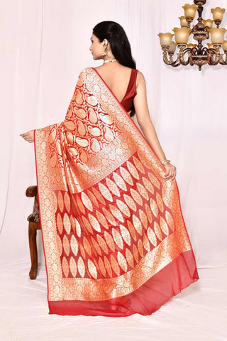 Scarlet Red  Pure Khaddi Georgette Banarasi Handloom Silk Saree