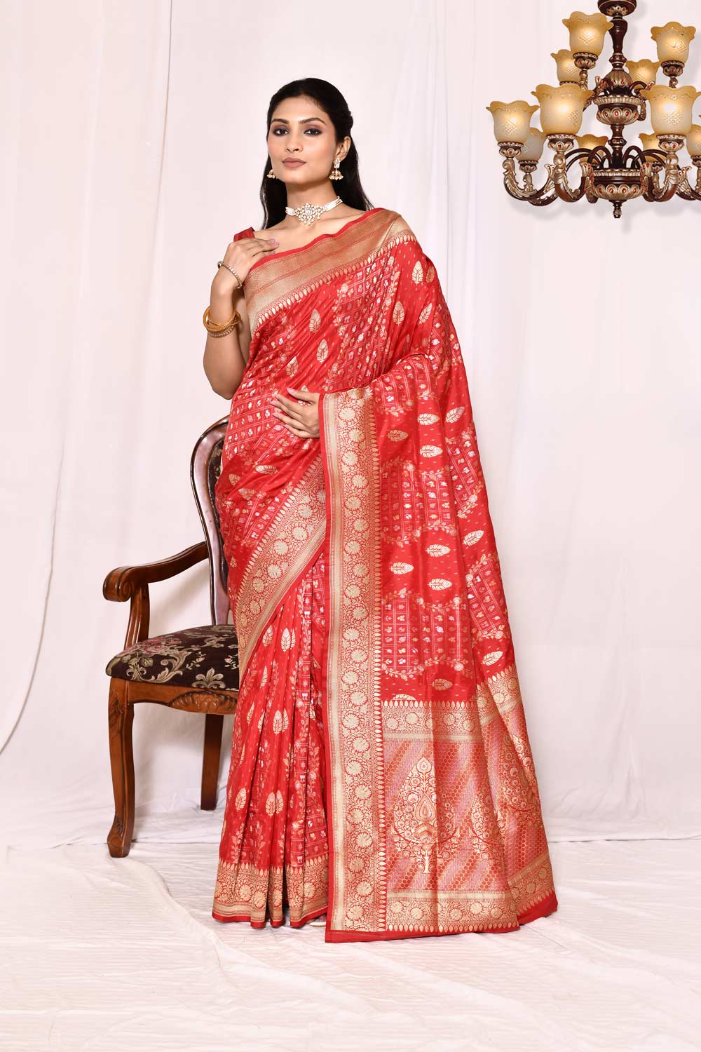 True Red Pure Katan Silk Banarasi Handloom Silk Saree