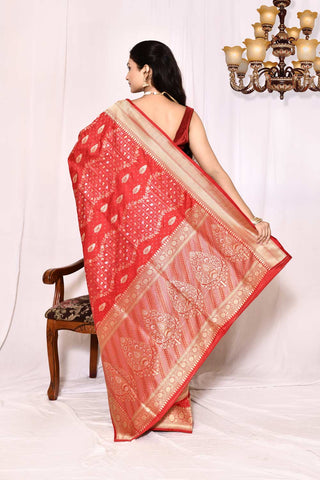 True Red Pure Katan Silk Banarasi Handloom Silk Saree