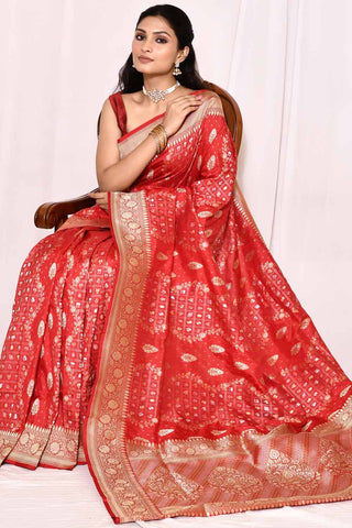 True Red Pure Katan Silk Banarasi Handloom Silk Saree