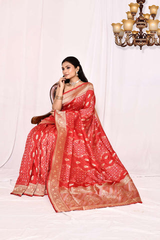 True Red Pure Katan Silk Banarasi Handloom Silk Saree