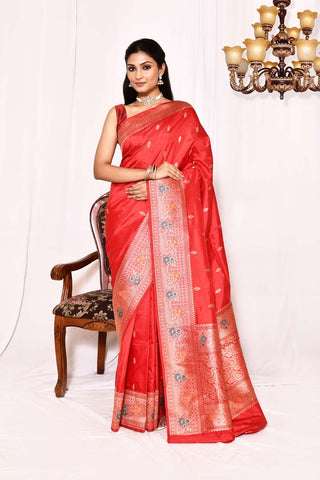 Tommato Red Pure Katan Silk Banarasi Handloom Saree