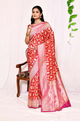 Red Pure Katan Silk Banarasi Handloom Silk Saree