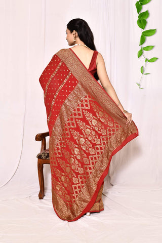 Blood Red -Pure Khaddi Georgette Banarasi Handloom Silk Saree