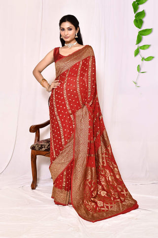 Blood Red -Pure Khaddi Georgette Banarasi Handloom Silk Saree