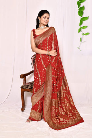 Blood Red -Pure Khaddi Georgette Banarasi Handloom Silk Saree