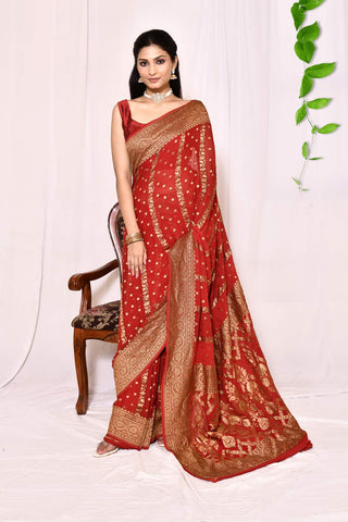 Blood Red -Pure Khaddi Georgette Banarasi Handloom Silk Saree