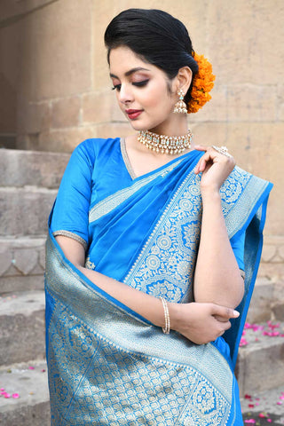 Peacock Blue Pure Katan Silk Banarasi Handloom Saree