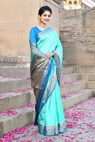 Turquoise Pure Katan Silk Banarasi Handloom Saree with Contrast Border In Teal