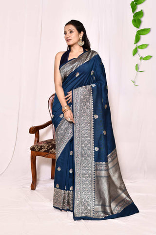 Classic Blue Pure Tussar Georgette Silk Banarasi Handloom Silk Saree