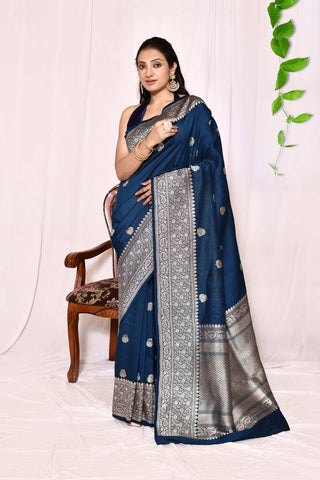 Classic Blue Pure Tussar Georgette Silk Banarasi Handloom Silk Saree