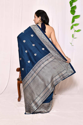 Classic Blue Pure Tussar Georgette Silk Banarasi Handloom Silk Saree