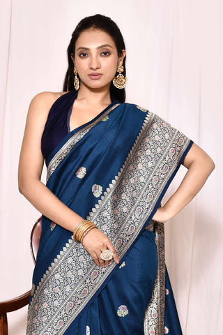 Classic Blue Pure Tussar Georgette Silk Banarasi Handloom Silk Saree