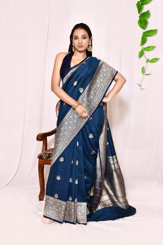 Classic Blue Pure Tussar Georgette Silk Banarasi Handloom Silk Saree