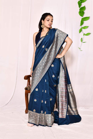 Classic Blue Pure Tussar Georgette Silk Banarasi Handloom Silk Saree