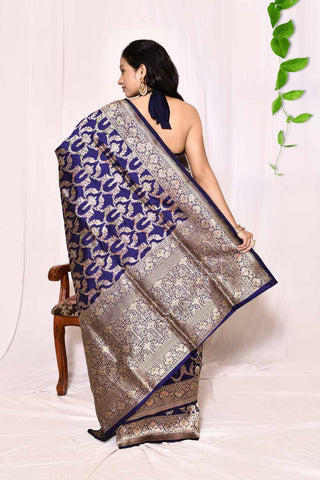 Navy Blue Pure Katan Banarasi Handloom Silk Saree