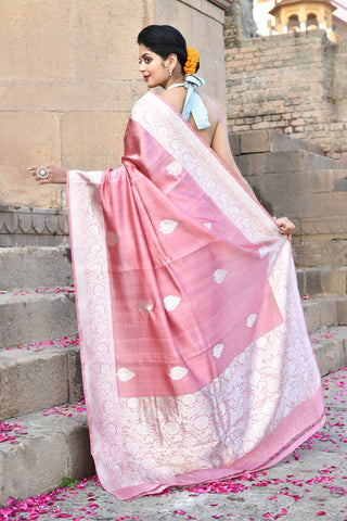 Old Rose Pink Pure Katan Silk Banarasi Handloom Saree With Kadhua Boota In Silver Zari