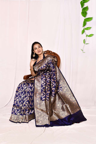 Navy Blue Pure Katan Banarasi Handloom Silk Saree