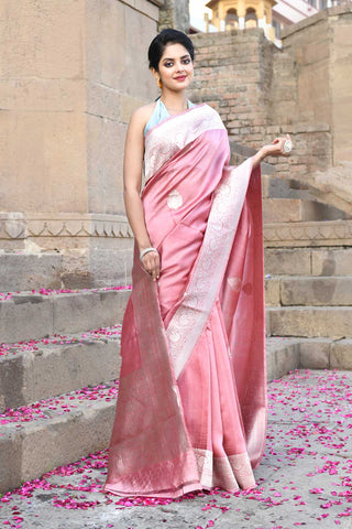 Old Rose Pink Pure Katan Silk Banarasi Handloom Saree With Kadhua Boota In Silver Zari