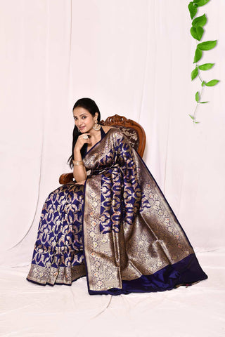 Navy Blue Pure Katan Banarasi Handloom Silk Saree