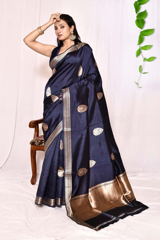 Navy Blue Pure Katan Silk Banarasi Handloom Silk Saree