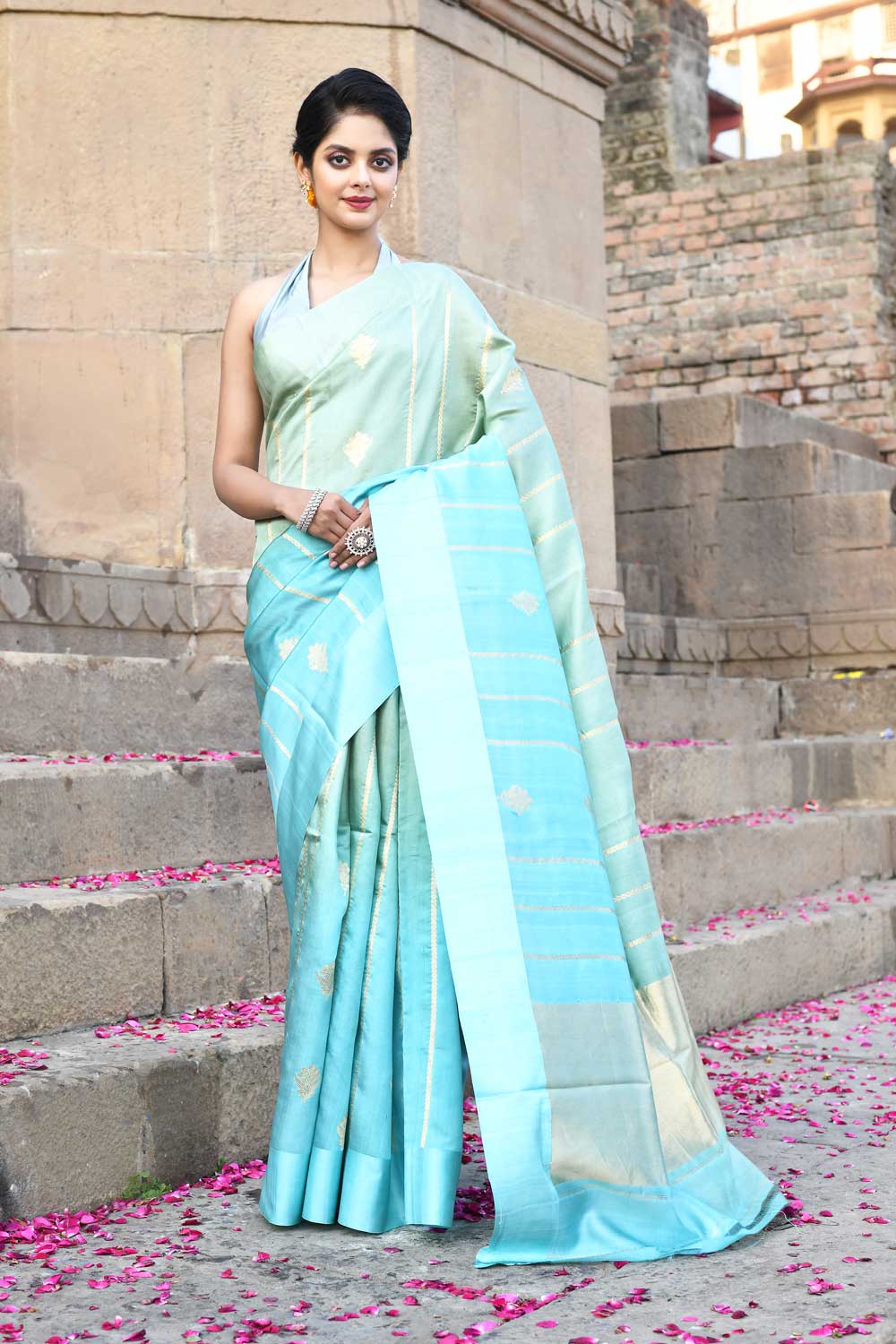 Sage Green - Dusty Mint Blue Ombre Pure Katan Silk Banarasi Handloom Saree