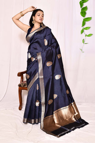 Navy Blue Pure Katan Silk Banarasi Handloom Silk Saree