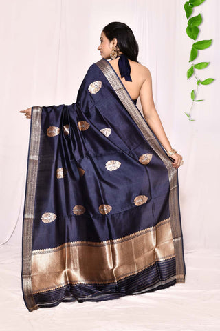 Navy Blue Pure Katan Silk Banarasi Handloom Silk Saree