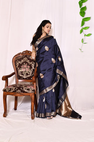 Navy Blue Pure Katan Silk Banarasi Handloom Silk Saree