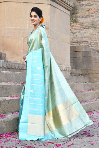 Sage Green - Dusty Mint Blue Ombre Pure Katan Silk Banarasi Handloom Saree