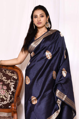 Navy Blue Pure Katan Silk Banarasi Handloom Silk Saree