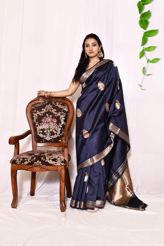 Navy Blue Pure Katan Silk Banarasi Handloom Silk Saree