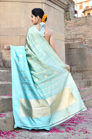 Sage Green - Dusty Mint Blue Ombre Pure Katan Silk Banarasi Handloom Saree