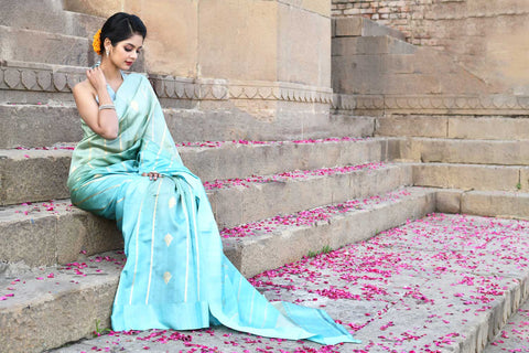 Sage Green - Dusty Mint Blue Ombre Pure Katan Silk Banarasi Handloom Saree