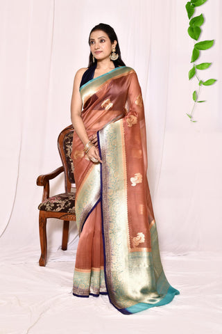 Dusty Brown With Contrast Tourquoise-Navy Blue Border Pure Kora Organza Banarasi Handloom Silk Saree