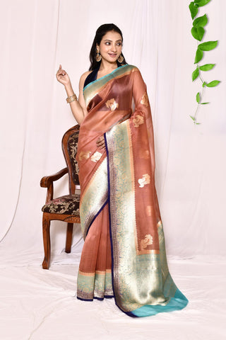 Dusty Brown With Contrast Tourquoise-Navy Blue Border Pure Kora Organza Banarasi Handloom Silk Saree