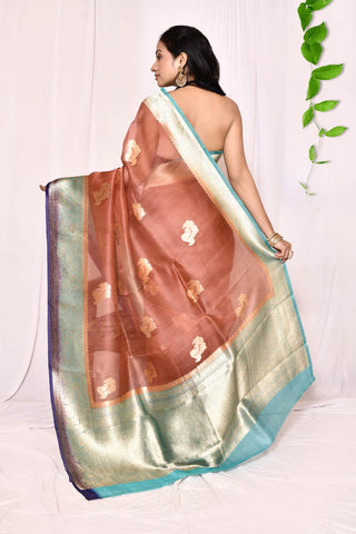 Dusty Brown With Contrast Tourquoise-Navy Blue Border Pure Kora Organza Banarasi Handloom Silk Saree