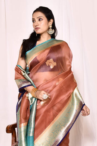 Dusty Brown With Contrast Tourquoise-Navy Blue Border Pure Kora Organza Banarasi Handloom Silk Saree