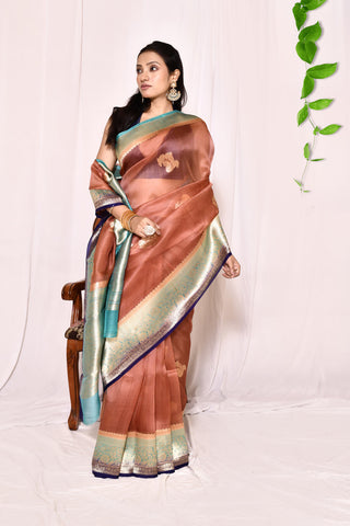 Dusty Brown With Contrast Tourquoise-Navy Blue Border Pure Kora Organza Banarasi Handloom Silk Saree