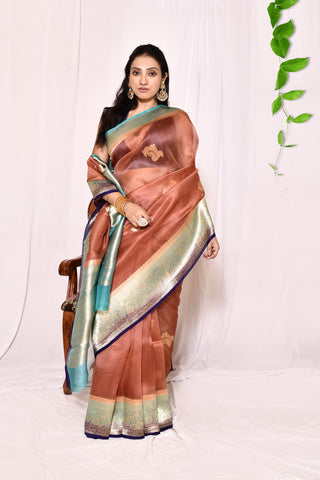 Dusty Brown With Contrast Tourquoise-Navy Blue Border Pure Kora Organza Banarasi Handloom Silk Saree