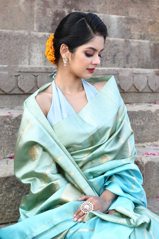 Sage Green - Dusty Mint Blue Ombre Pure Katan Silk Banarasi Handloom Saree